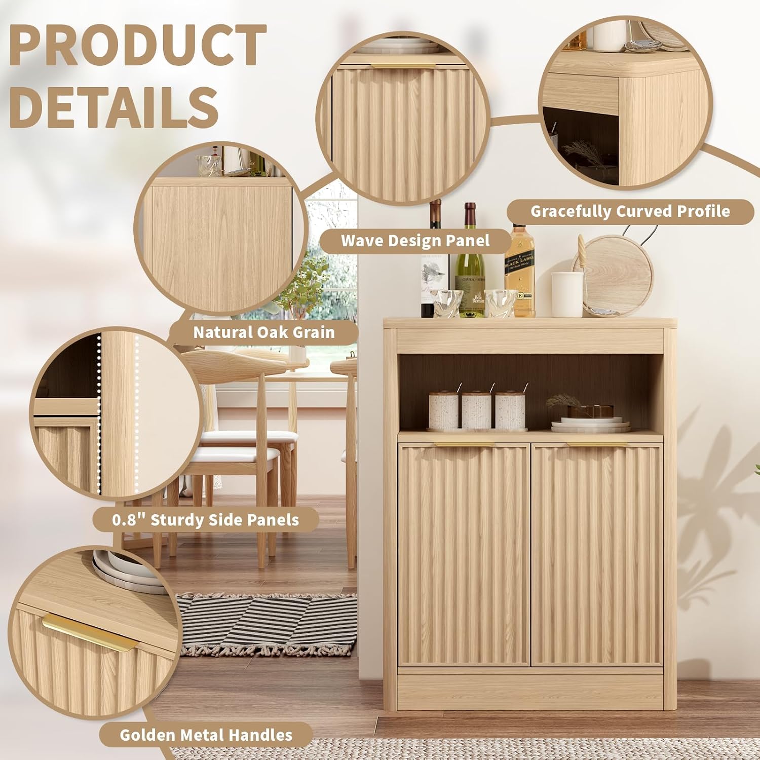 AUCT 18409 - $90 Fluted Buffet Cabinet with Storage, Small Coffee Bar Cabinet with Doors & Adjustable S - Image 4