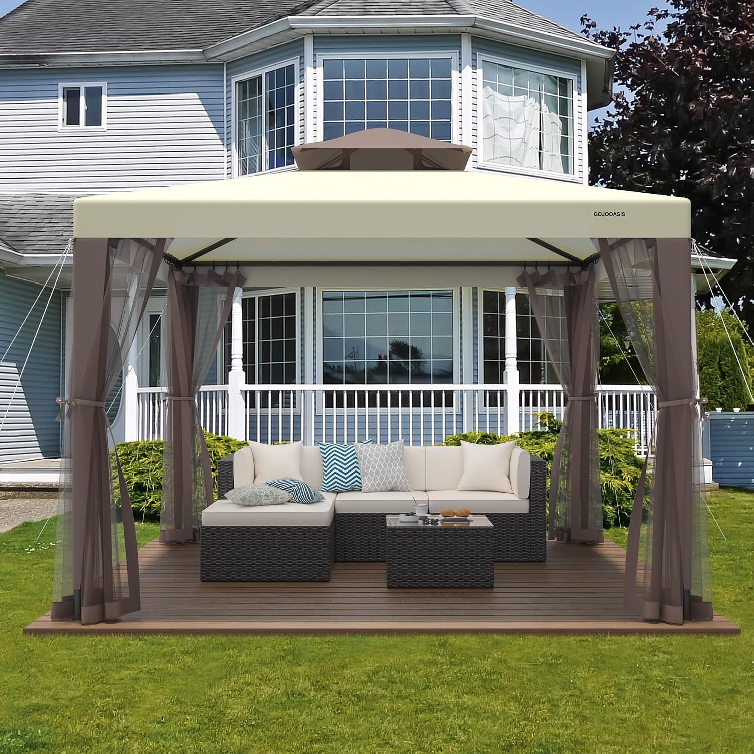 AUCT 18557 - $88 10'x10' Patio Gazebo Canopy Tent w/Removable Netting, Beige | Outdoor Shelter, Ventila - Image 4