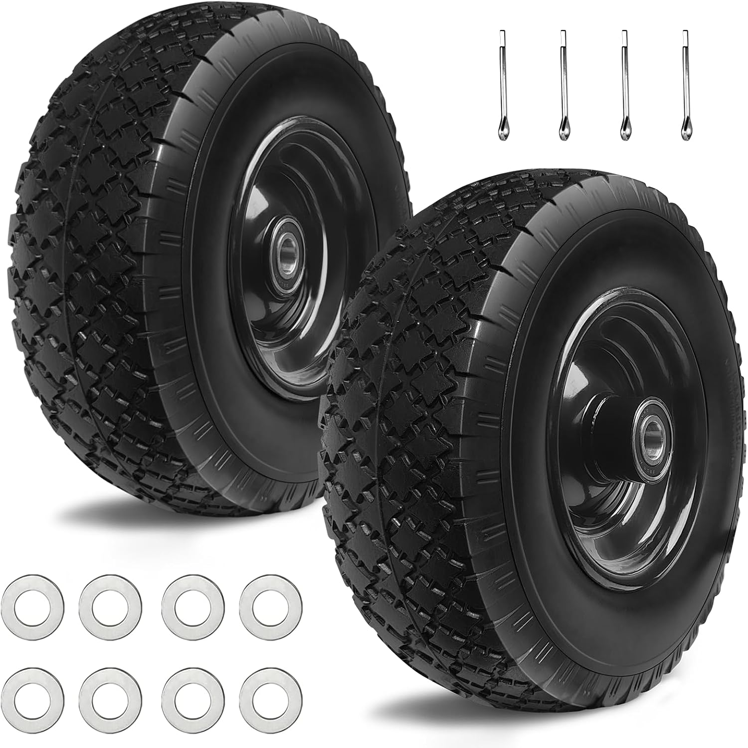 AUCT 19903 - $54 12' Flat Free Tires Rubber Replacement Solid Tire, 2.1" Offset Hub Wheel Assemblies fo