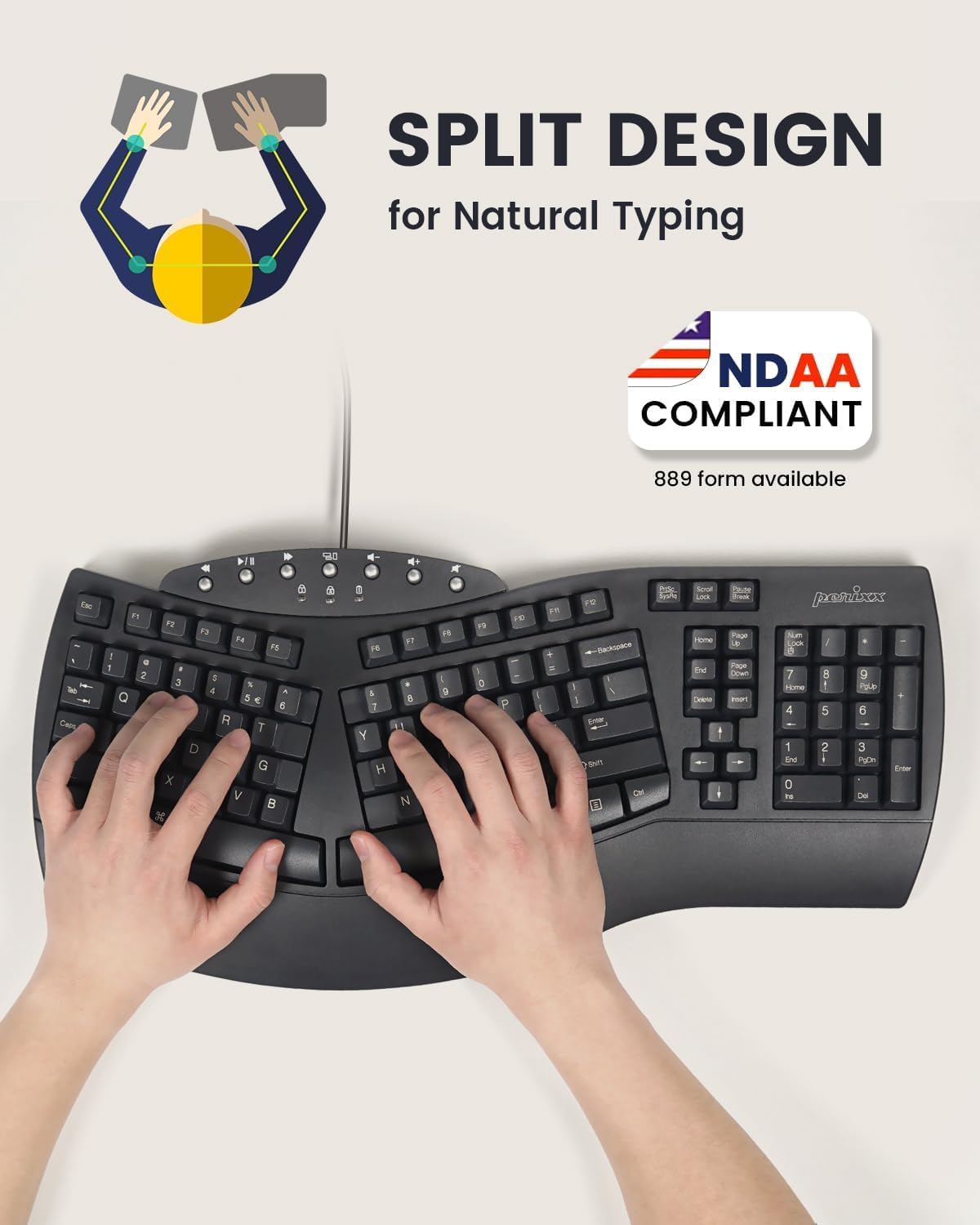 AUCT 18385 - Perixx PERIBOARD-512B Wired Ergonomic Keyboard - Split Keyboard, Wrist Rest, Natural Typin - Image 2
