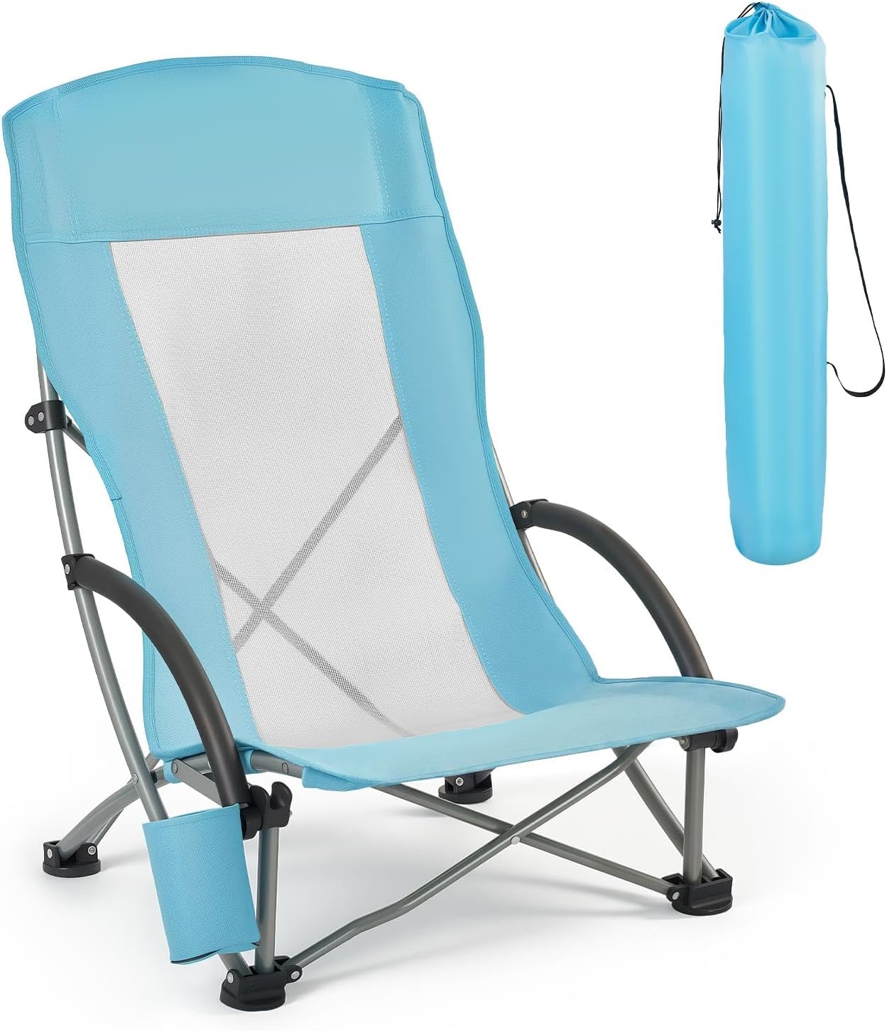 AUCT 18577 - VEVOR Folding Beach Chair, High Back Camping Chairs for Adults, with Cup Pocket, Mesh Back