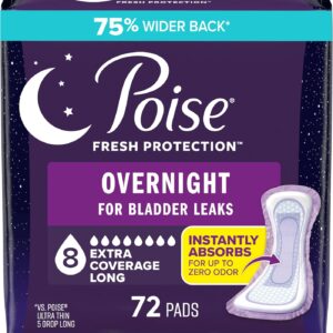 AUCT 19654 - Poise Overnight Incontinence Pads for Women, 8 Drop, 72 ct