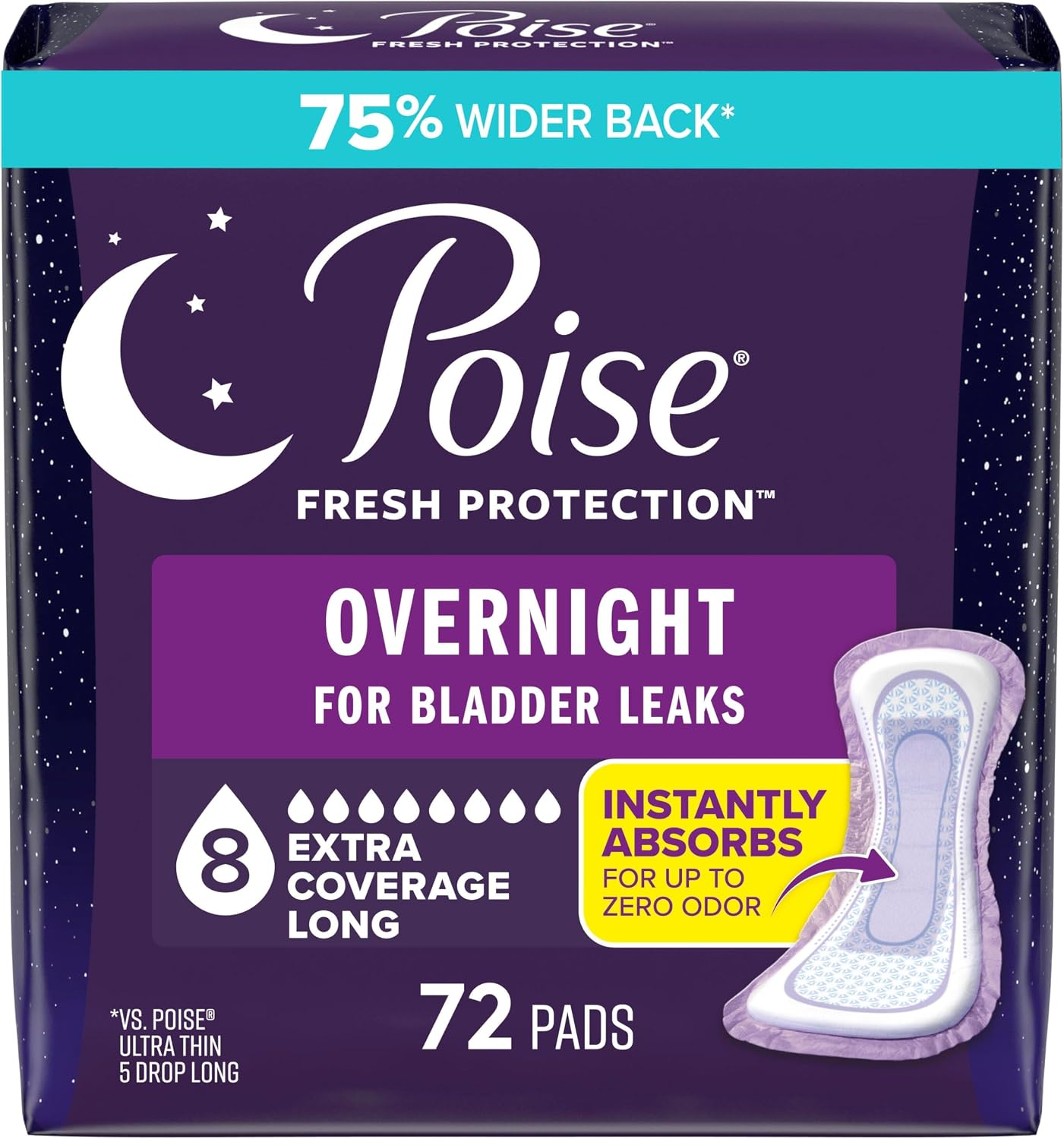AUCT 19654 - Poise Overnight Incontinence Pads for Women, 8 Drop, 72 ct