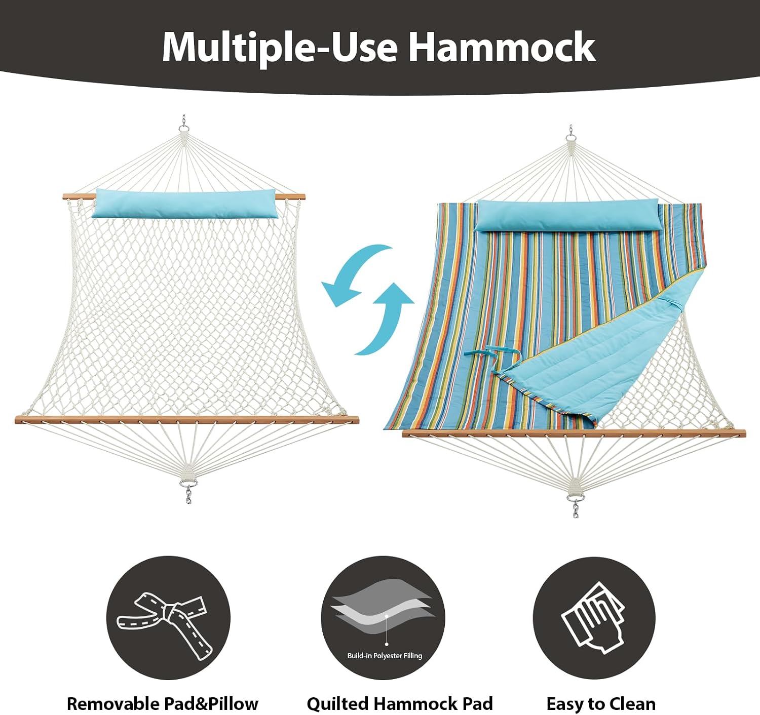 AUCT 17799 - $84 CHULIM Outdoor Double Hammock with Hardwood Spreader Bars, Large Rope Hammock with Pol - Image 3
