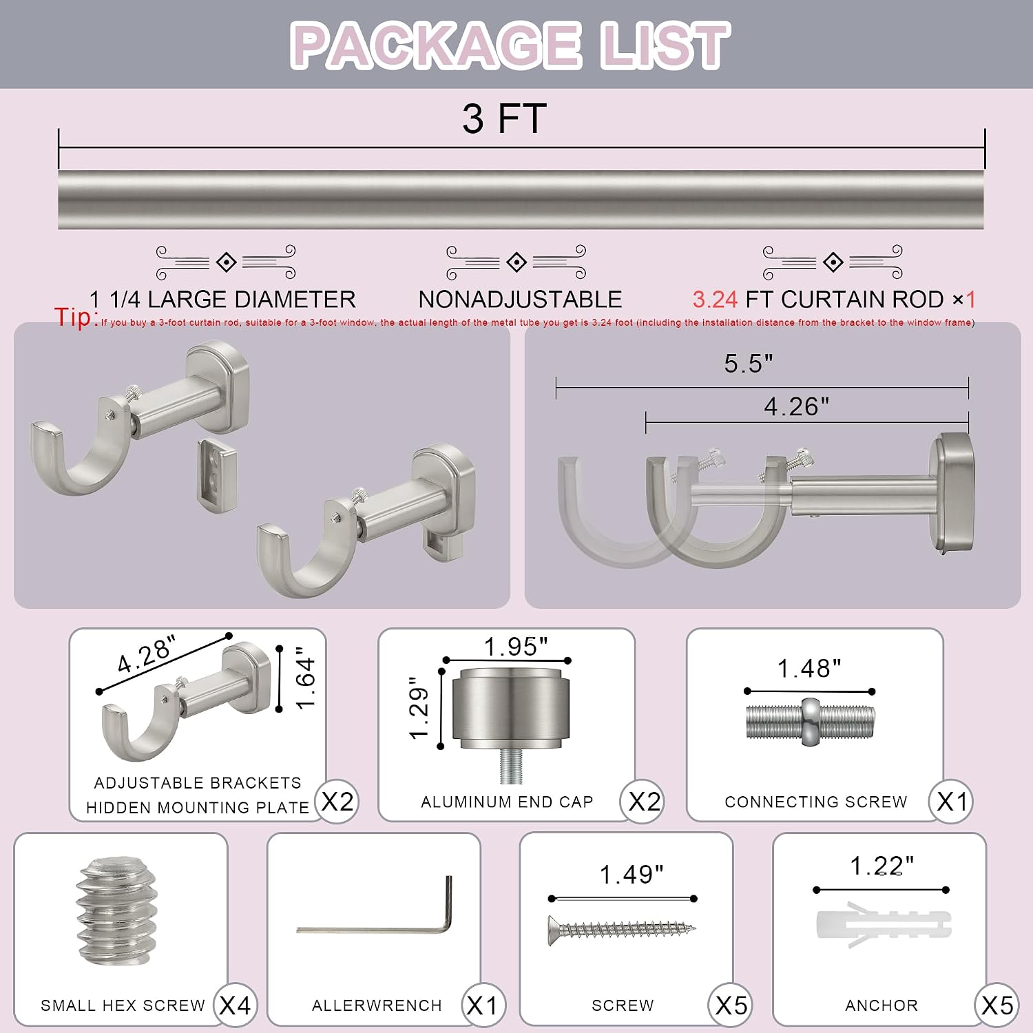 AUCT 18459 - Heavy Duty Curtain Rods - 1 1/4" Large Diameter Premium Nonadjustable Curtain Rod - 36in/3 - Image 4