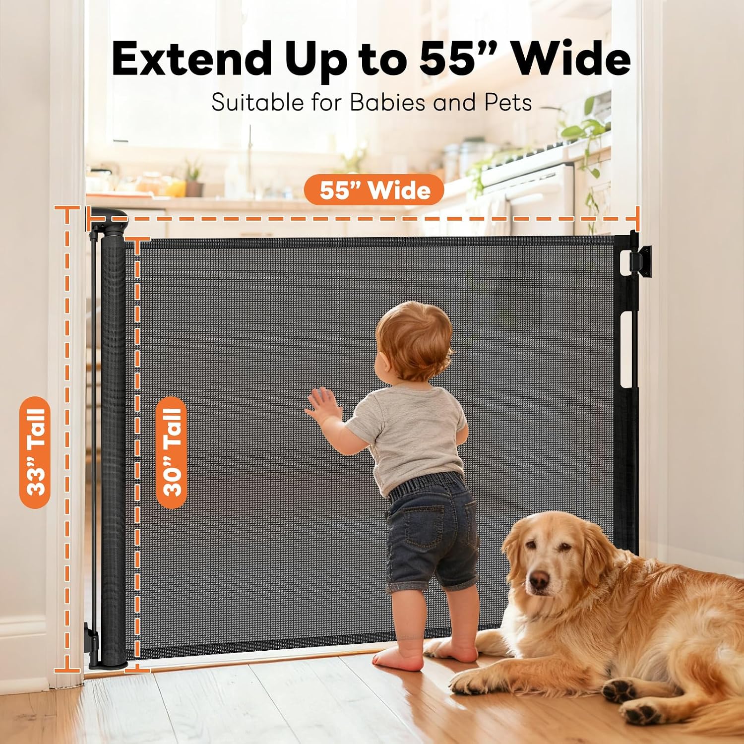 AUCT 18450 - Retractable Baby Gate for Stairs and Doorways, 55" Wide x 33" Tall Mesh Dog Gate for Indoo - Image 2