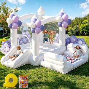 AUCT 18437 - $300 White Bounce House for Kids 3-8, Inflatable Bouncy House with Air Blower Slide Ball P