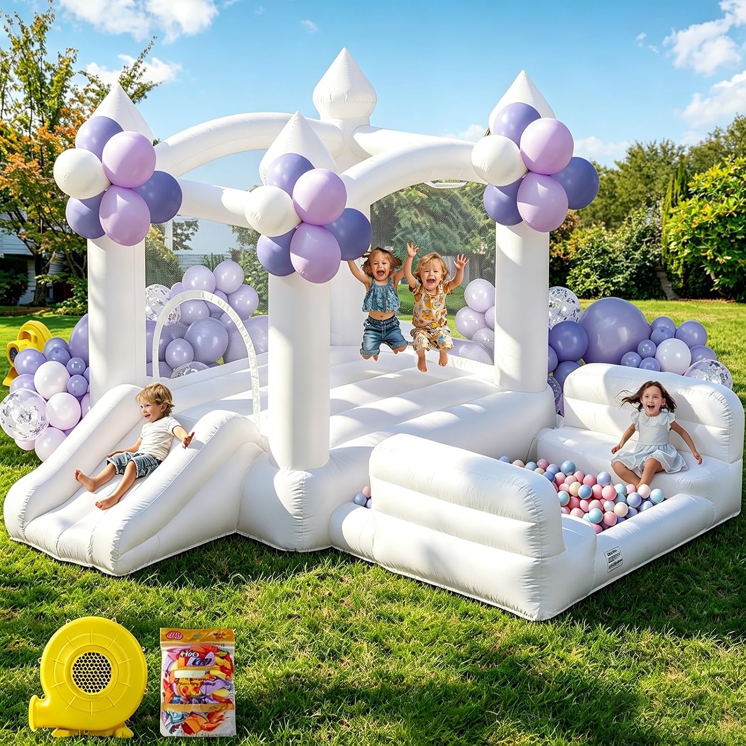 AUCT 18437 - $300 White Bounce House for Kids 3-8, Inflatable Bouncy House with Air Blower Slide Ball P