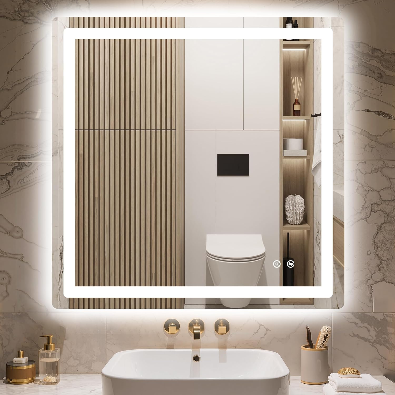 AUCT 18132mm - $120 30x30 LED Bathroom Vanity Mirror with Lights, Anti-Fog, Dimmable | Front & Backlit wi