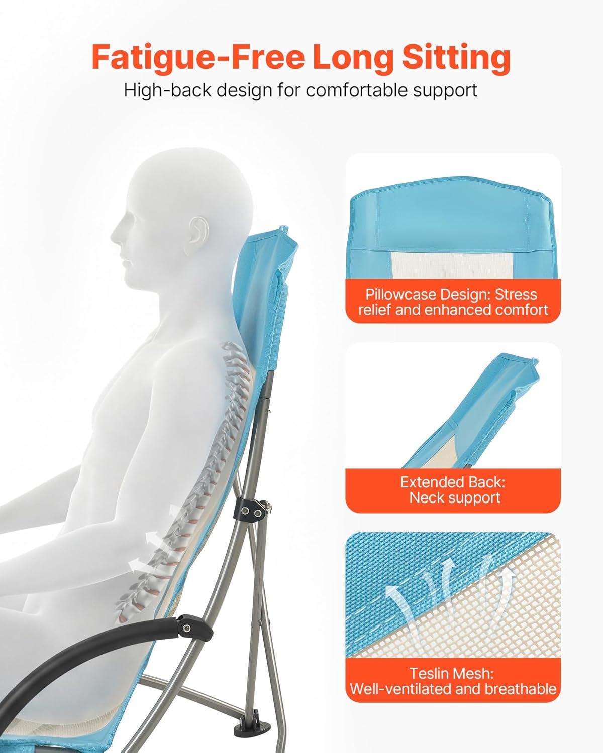 AUCT 18577 - VEVOR Folding Beach Chair, High Back Camping Chairs for Adults, with Cup Pocket, Mesh Back - Image 4