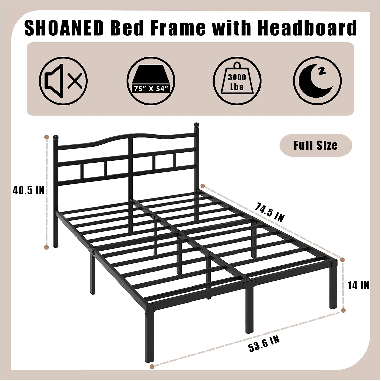 AUCT 20187 - $69 SHOANED 14 Inch Metal Bed Frame - Full Size Heavy Duty Bedframe with Headboard Black B - Image 2