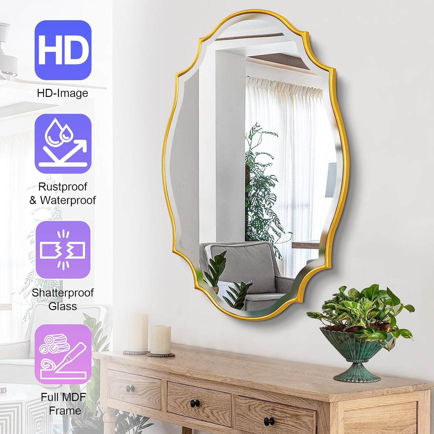 AUCT 20607m - $116 Scalloped Oval Wall Mirror, 24"X36" Gold Bathroom Vanity Mirror, Ornate Decorative Mi - Image 3