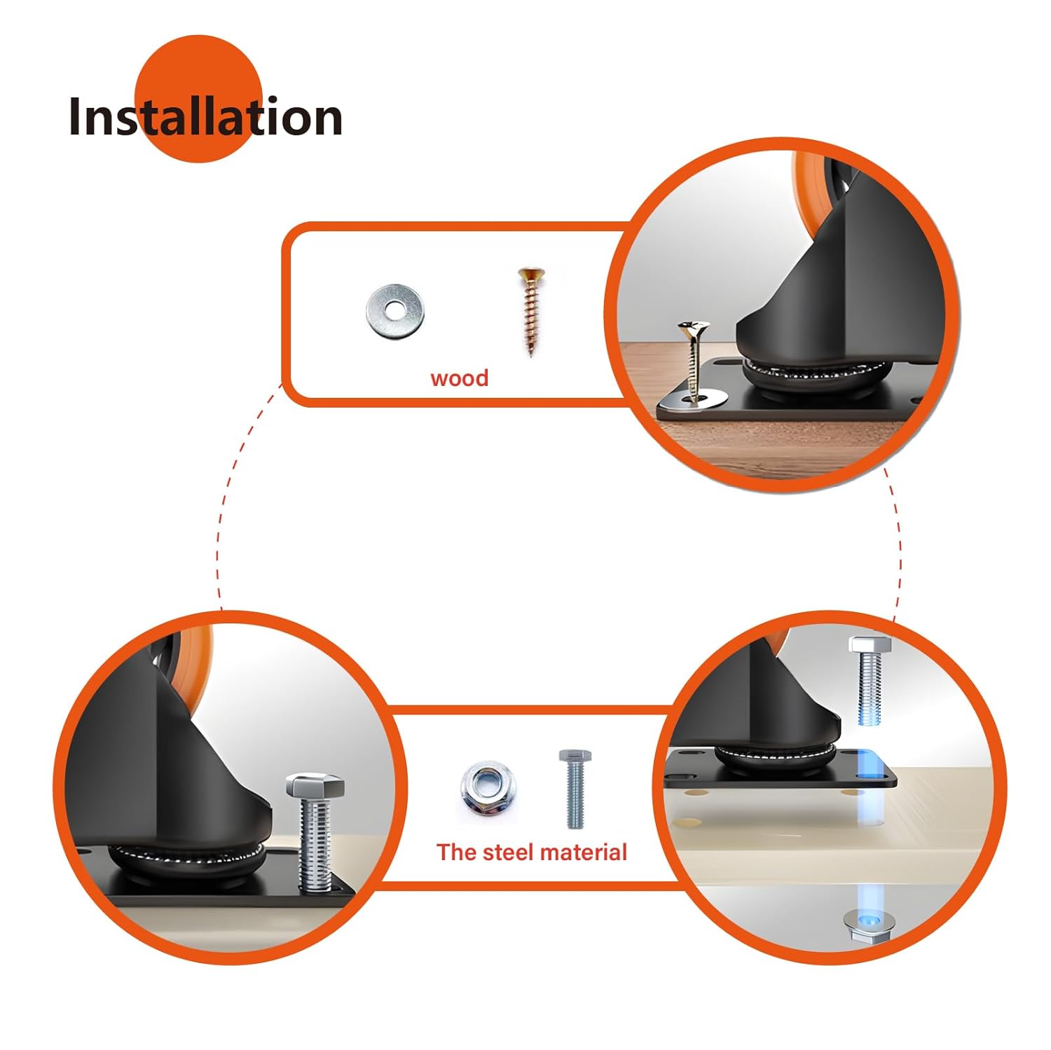AUCT 18371 - 3" Swivel Plate Casters Set of 4 Heavy Duty 1000 lbs | Orange PU, Non-Marking, Quiet. 1000 - Image 4