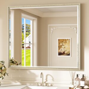 AUCT 18333m - $140 Keonjinn Brushed Nickel Bathroom Vanity Mirror 42 x 36 Inch, Tempered Glass | Aluminu