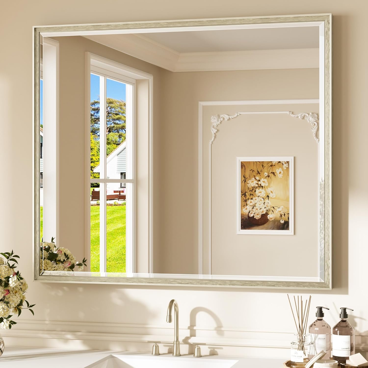 AUCT 18333m - $140 Keonjinn Brushed Nickel Bathroom Vanity Mirror 42 x 36 Inch, Tempered Glass | Aluminu