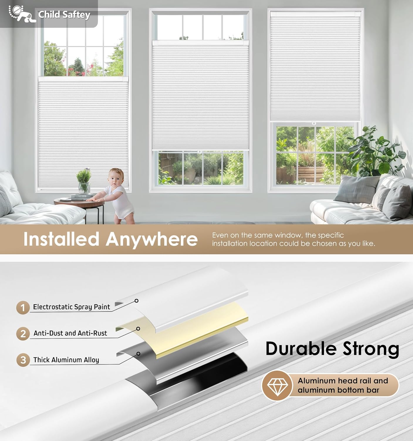 AUCT 18974 - LazBlinds No Drill Cordless Cellular Shades, 22" W x 36" H, White - Image 3