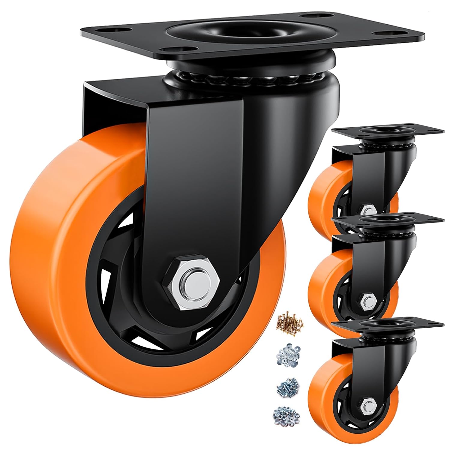 AUCT 18371 - 3" Swivel Plate Casters Set of 4 Heavy Duty 1000 lbs | Orange PU, Non-Marking, Quiet. 1000