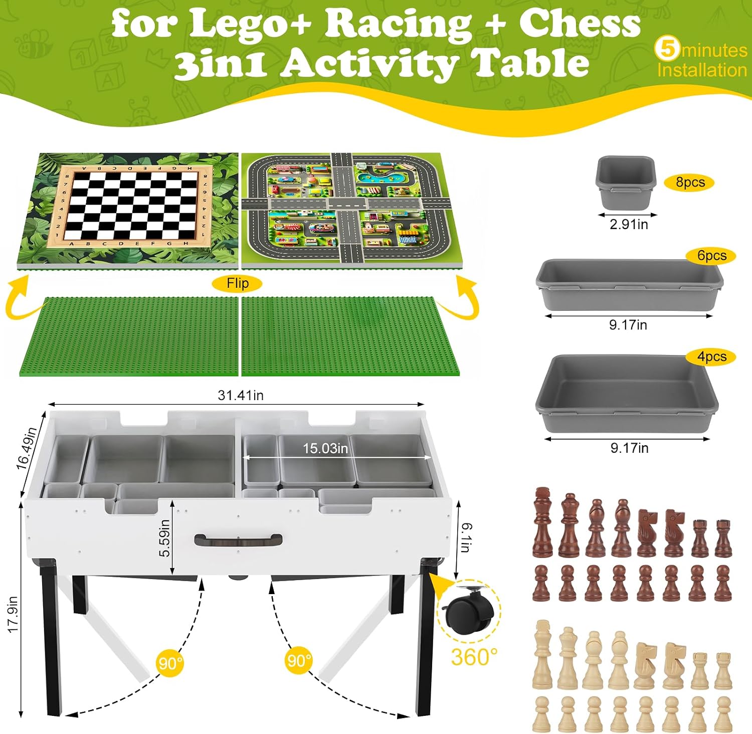 AUCT 18980 - $104 3 in 1 Lego Table with Storage,Wooden Kids Activity Table Compatible with Lego and Bu - Image 3
