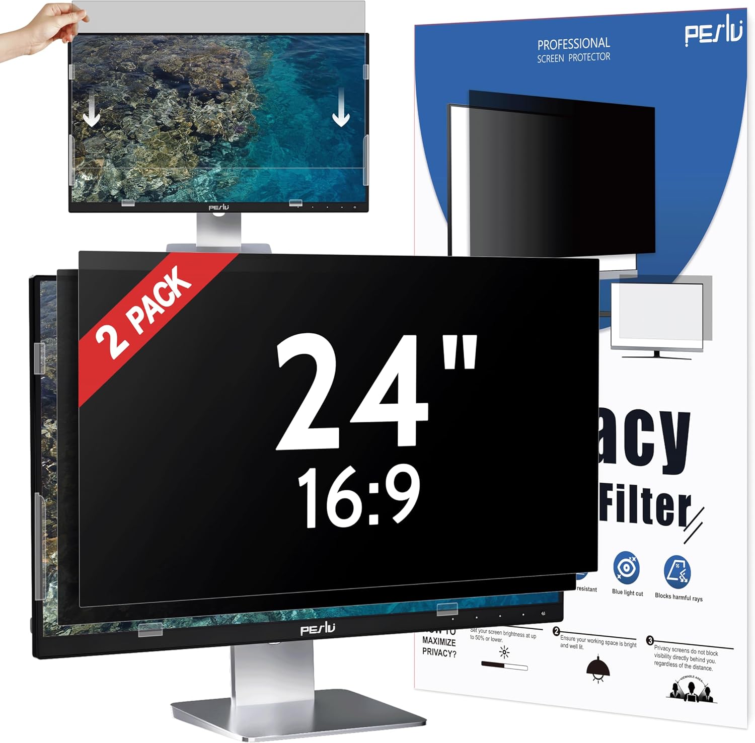 AUCT 18400 - $60 Peslv 2-Pack 24 Inch Privacy Screen for Computer Monitor 16:9 Aspect Ratio, Eye Protec