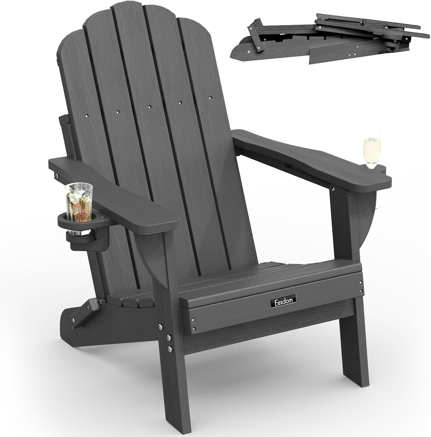 AUCT 18364 - $90 Folding Adirondack Chair, All-Weather HDPE Plastic Patio Chair with 2 Cup Holders, Woo