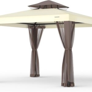 AUCT 18557 - $88 10'x10' Patio Gazebo Canopy Tent w/Removable Netting, Beige | Outdoor Shelter, Ventila
