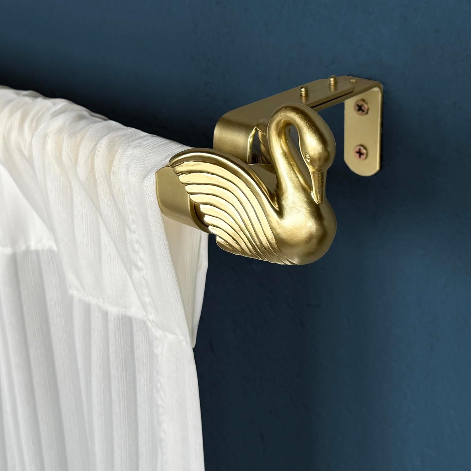AUCT 18976 - 1-1/8 Inch Diameter Brushed Gold Curtain Rods with Swan Finial, 36-72' Telescoping Single - Image 2