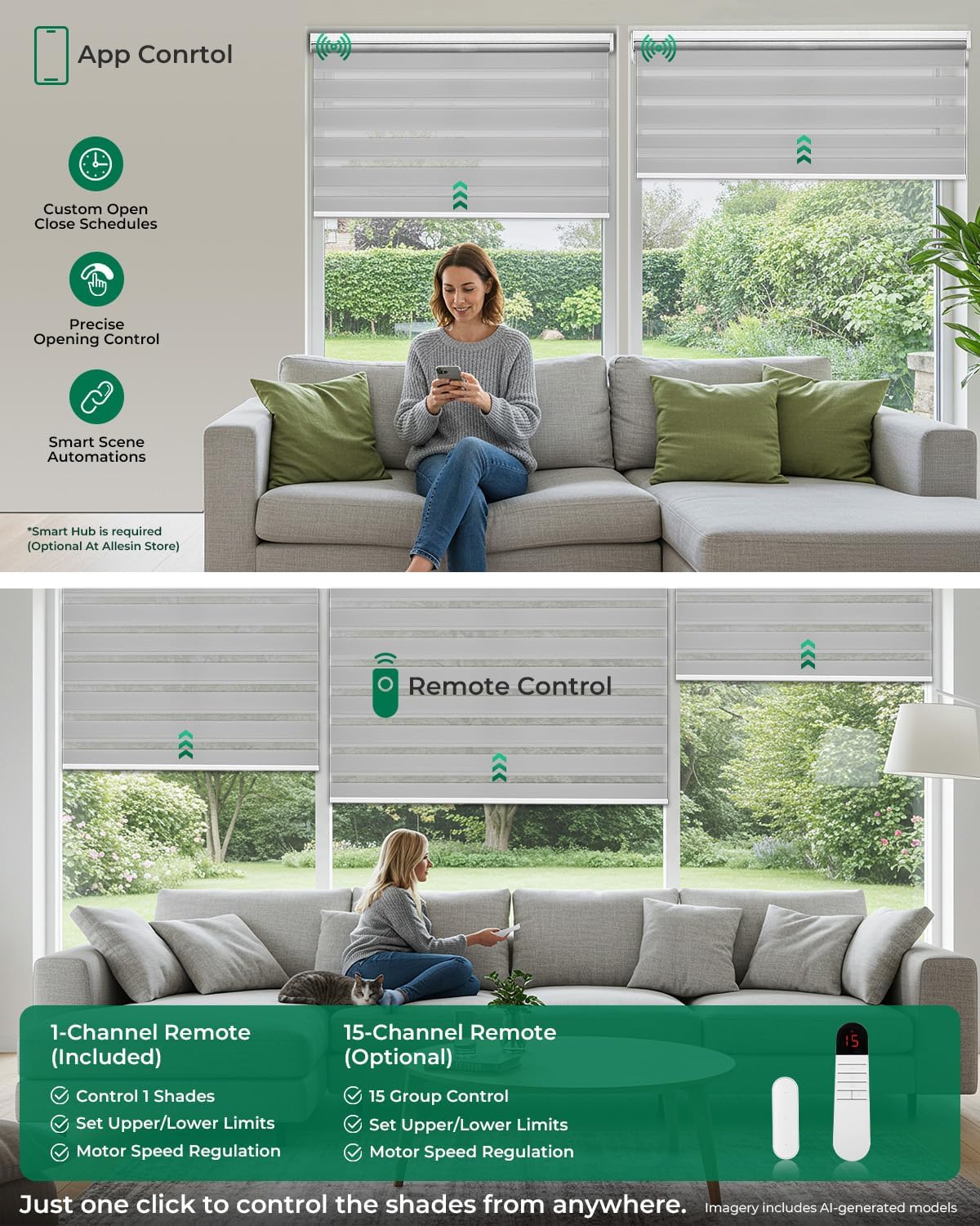 AUCT 19717 - $71 Allesin Motorized Zebra Blinds with Remote, Electric Dual-Layer Shades with Dry Batter - Image 4
