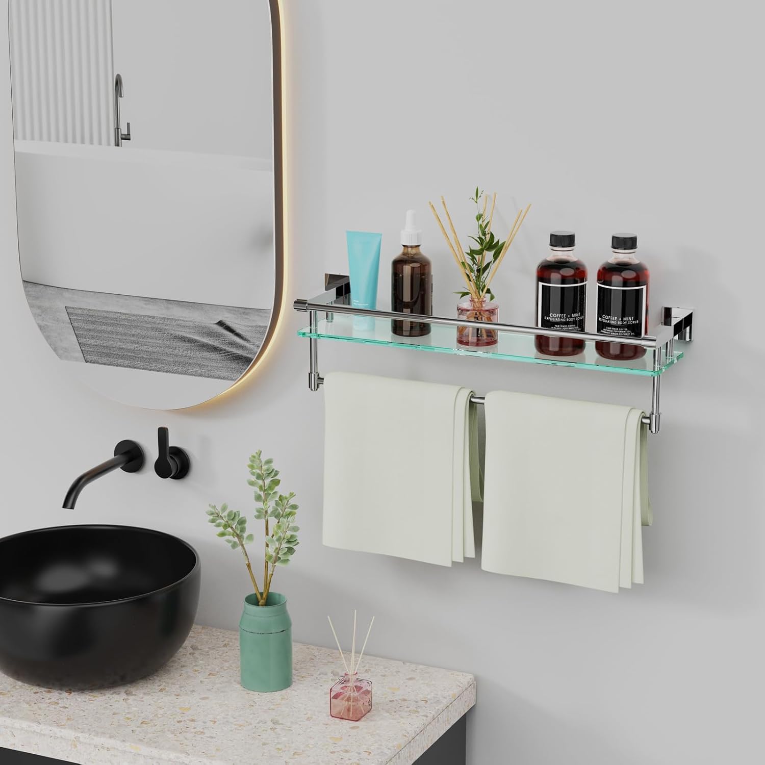 AUCT 18535 - $59 24 Inches Floating Glass Shelves for Wall with Towel Bar/Track, SUS 304 Stainless Stee - Image 2