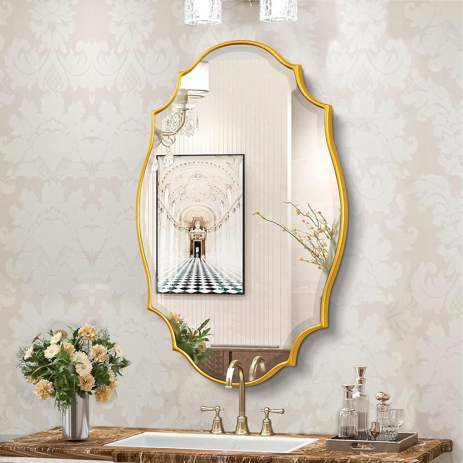 AUCT 20607m - $116 Scalloped Oval Wall Mirror, 24"X36" Gold Bathroom Vanity Mirror, Ornate Decorative Mi