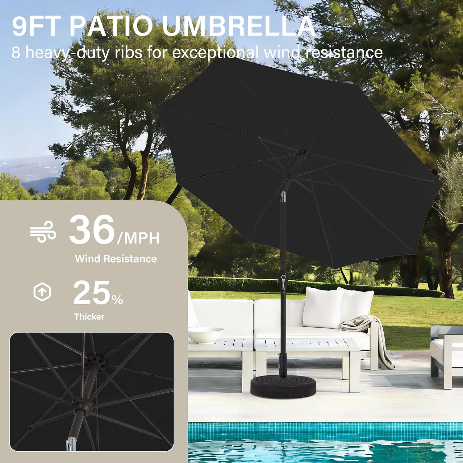 AUCT 18173 - MEWAY 9ft Patio Umbrella Outdoor Table Umbrellas with Push Button Tilt and Crank, Market U - Image 4