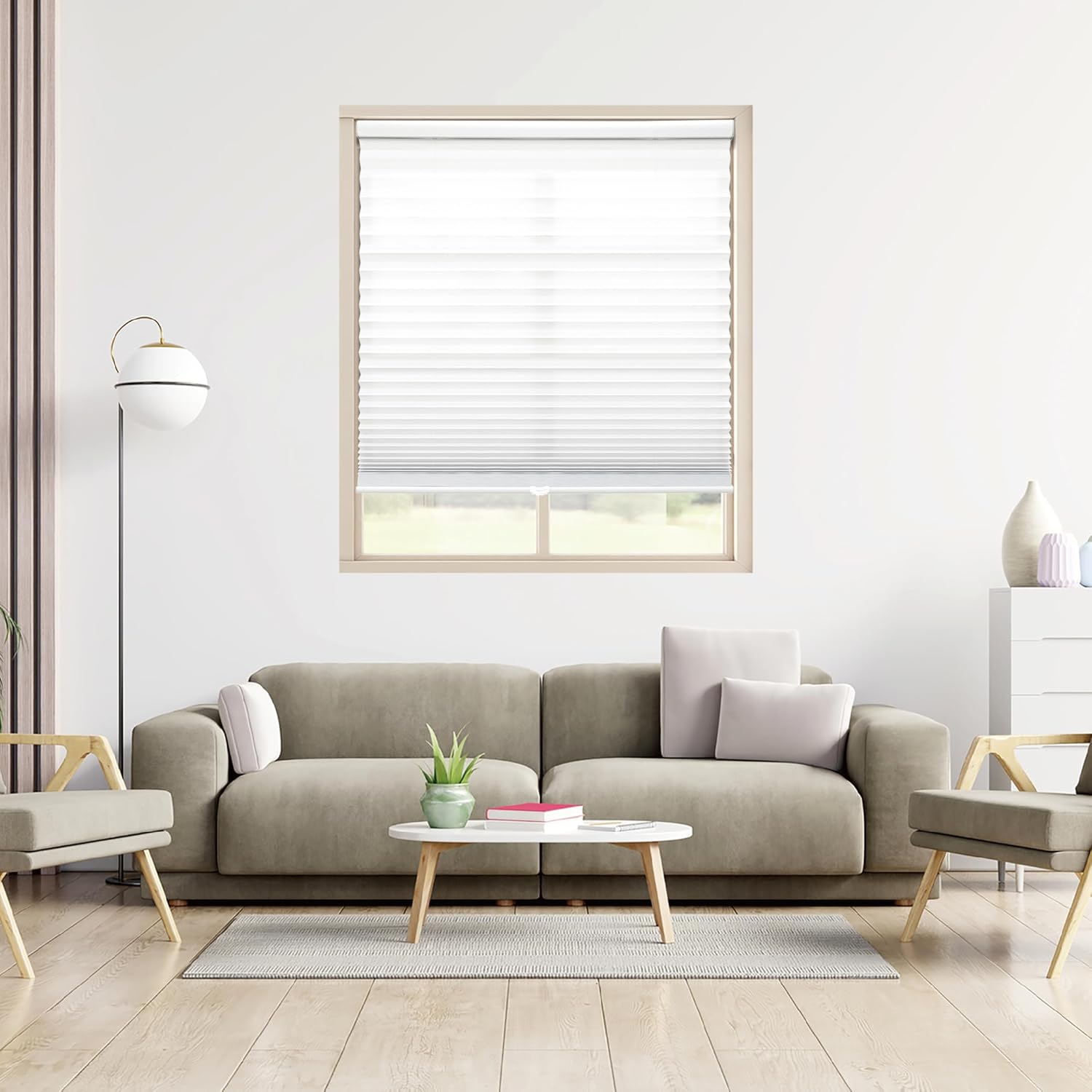 AUCT 19636 - DEZ FURNISHINGS Cordless 1" Light Filtering Pleated Shade, Fabric, 27"W x 72"H, White - Image 4