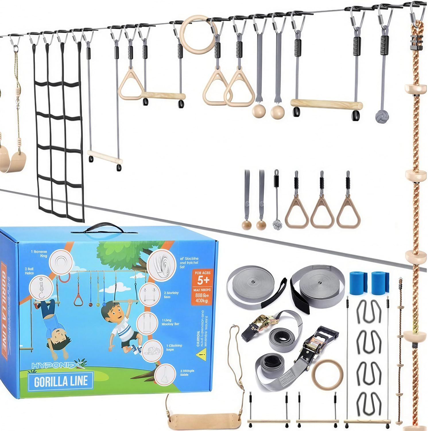 AUCT 18416 - $170 Hyponix Ninja Warrior Obstacle Course for Kids, 2 x 60 ft, 13 Obstacles | Ninja Slack