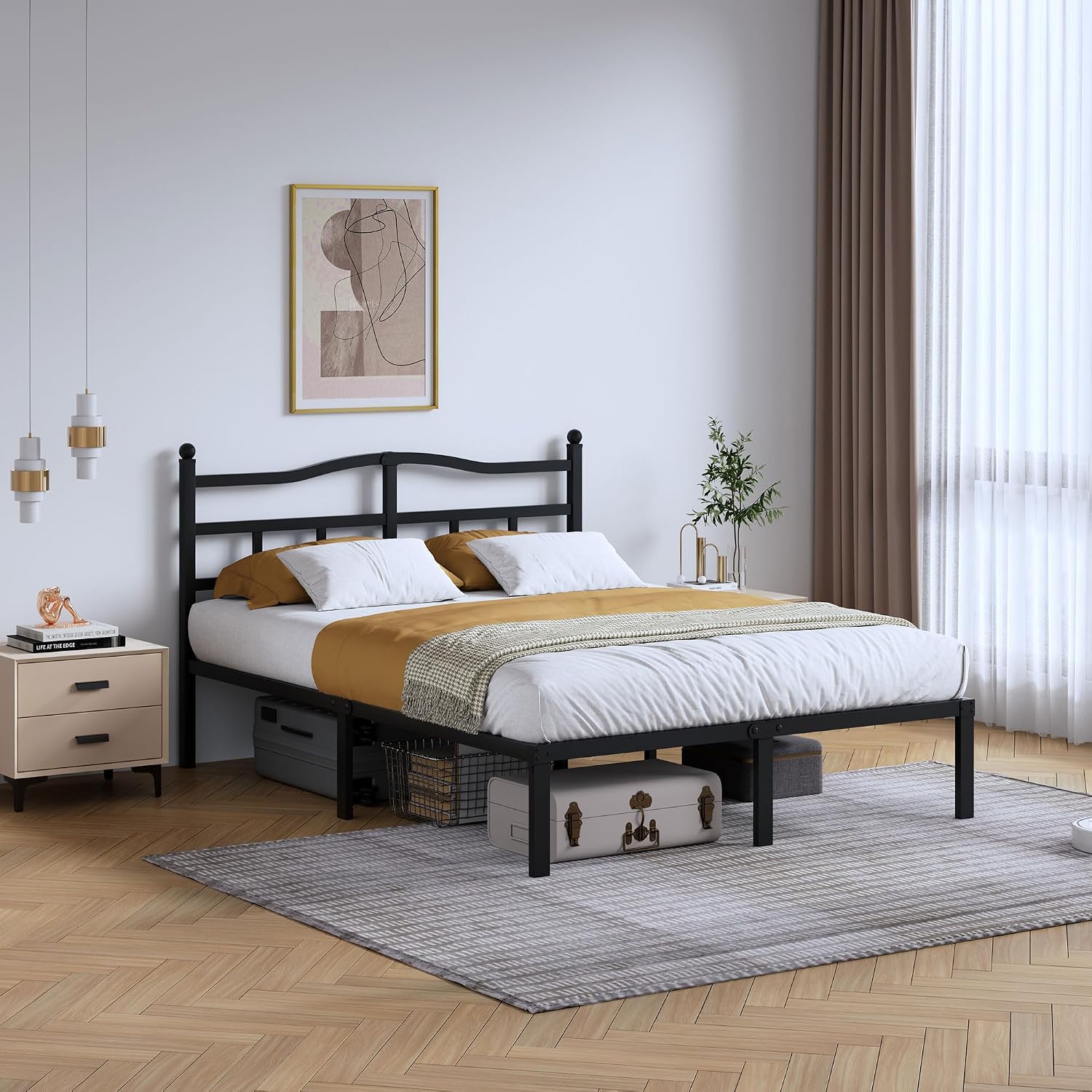 AUCT 20187 - $69 SHOANED 14 Inch Metal Bed Frame - Full Size Heavy Duty Bedframe with Headboard Black B