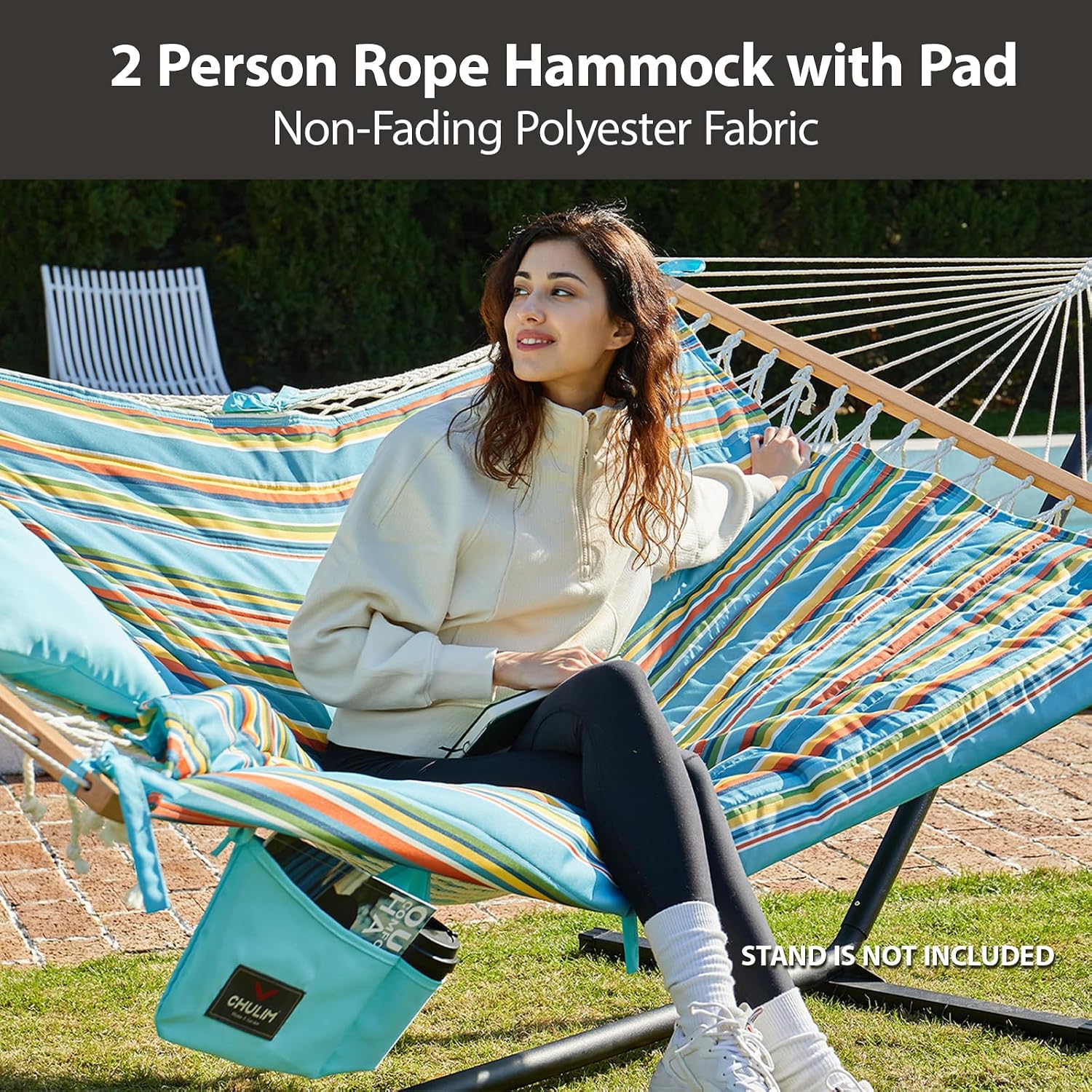 AUCT 17799 - $84 CHULIM Outdoor Double Hammock with Hardwood Spreader Bars, Large Rope Hammock with Pol - Image 2