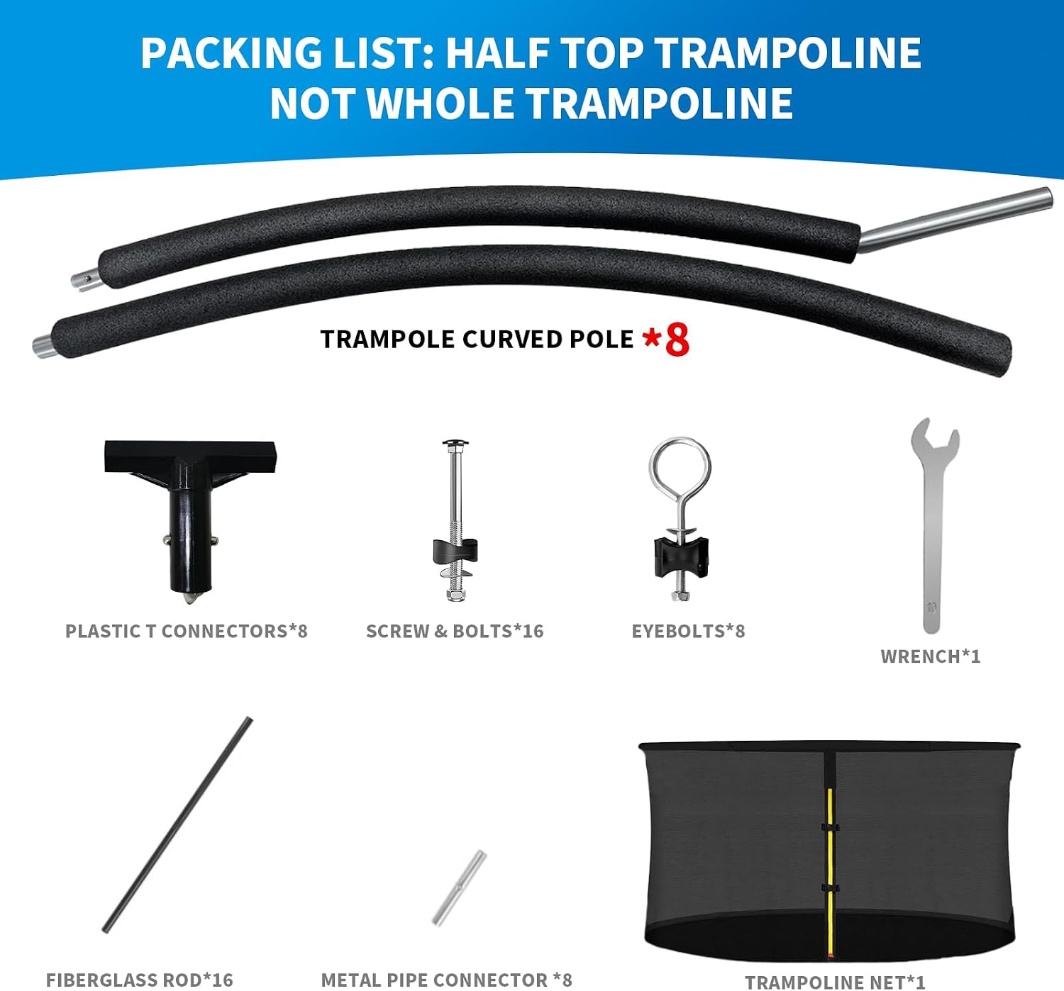 AUCT 18753 - $150 14 ft 8 Pcs Trampoline Curved Poles with Enclosure Net | Safety enclosure net and 8 c - Image 2