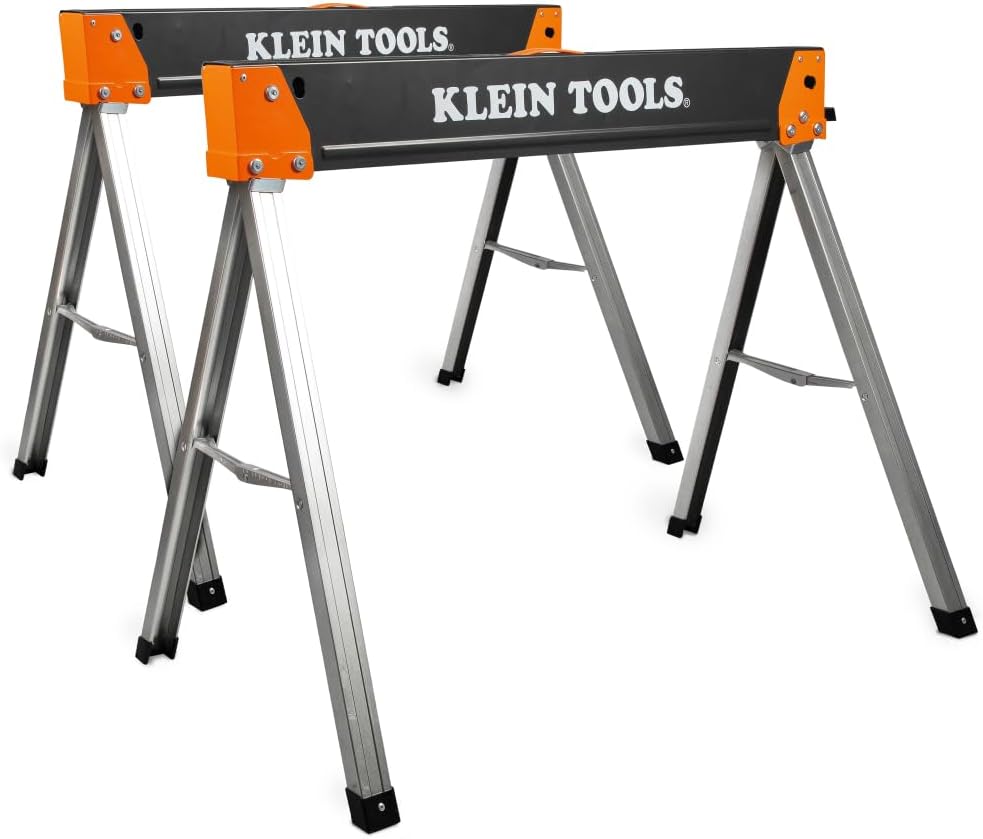 AUCT 18981 - $85 Klein Tools 66187 Folding Saw Horse, Heavy Duty Legs, Metal Saw Horse for Woodworking,