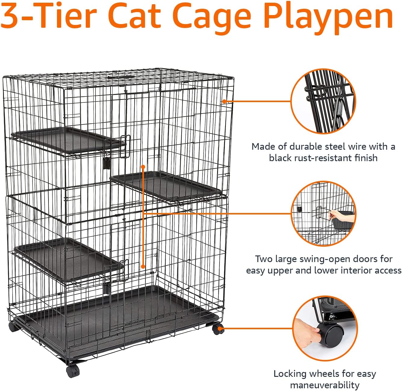 AUCT 17783 - $85 Amazon Basics Large 3-Tier Cat Cage Playpen with Easy to Clean Removable Tray, Front D - Image 3