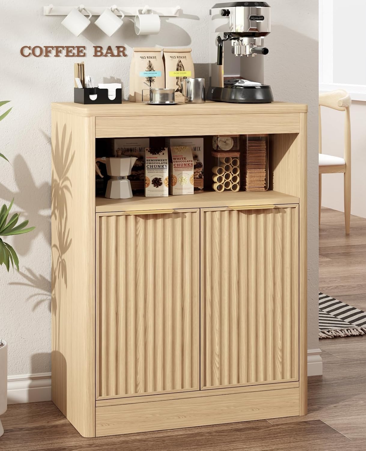 AUCT 18409 - $90 Fluted Buffet Cabinet with Storage, Small Coffee Bar Cabinet with Doors & Adjustable S