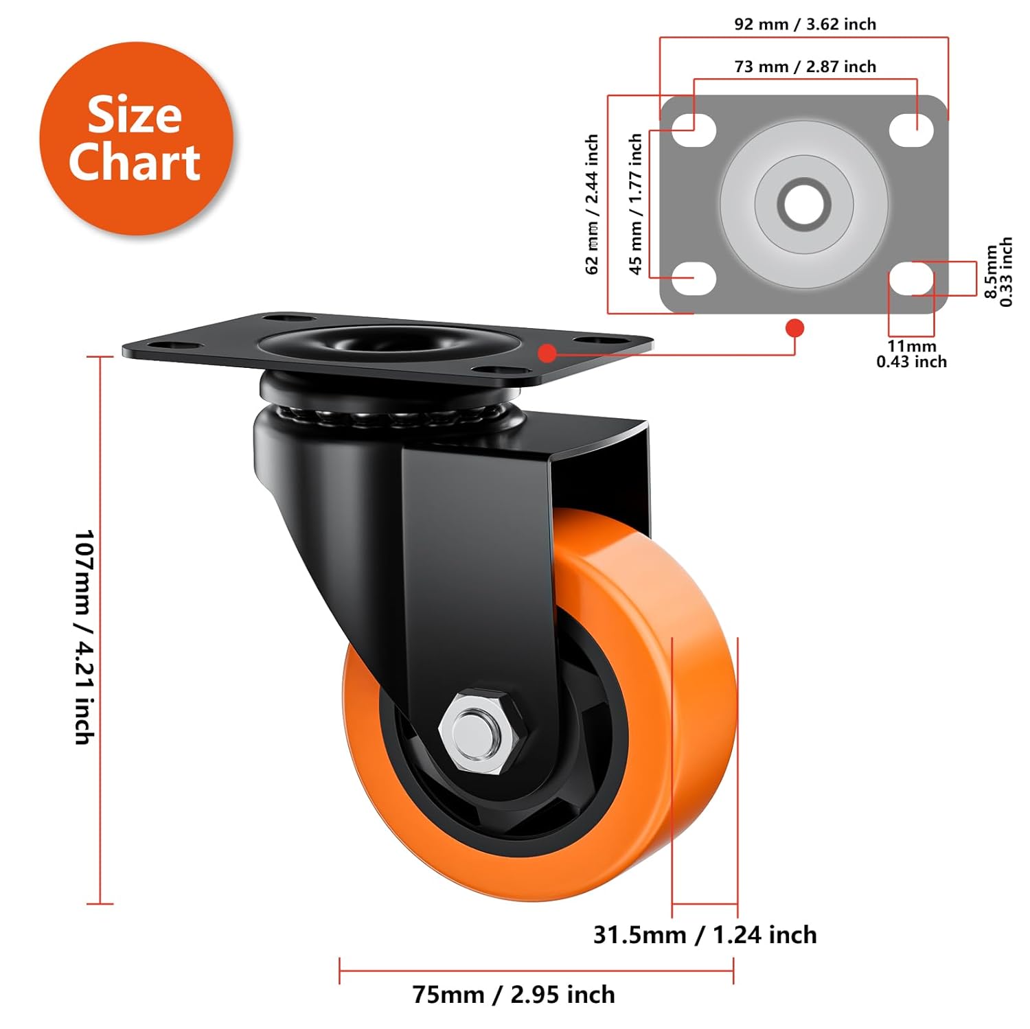 AUCT 18371 - 3" Swivel Plate Casters Set of 4 Heavy Duty 1000 lbs | Orange PU, Non-Marking, Quiet. 1000 - Image 2