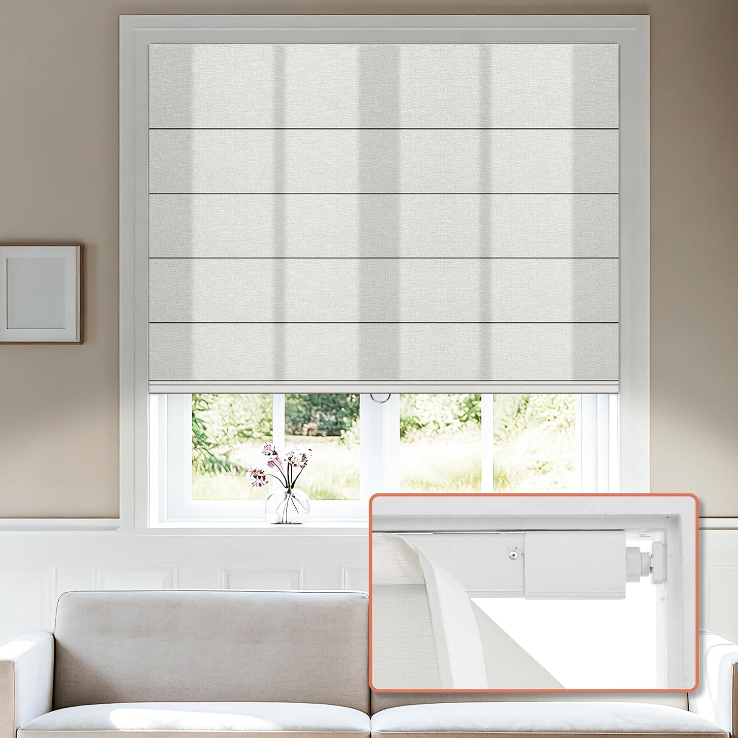 AUCT 19669 - No Tools No Drill Light Filtering Roman Shades, White, 22"W 48"H