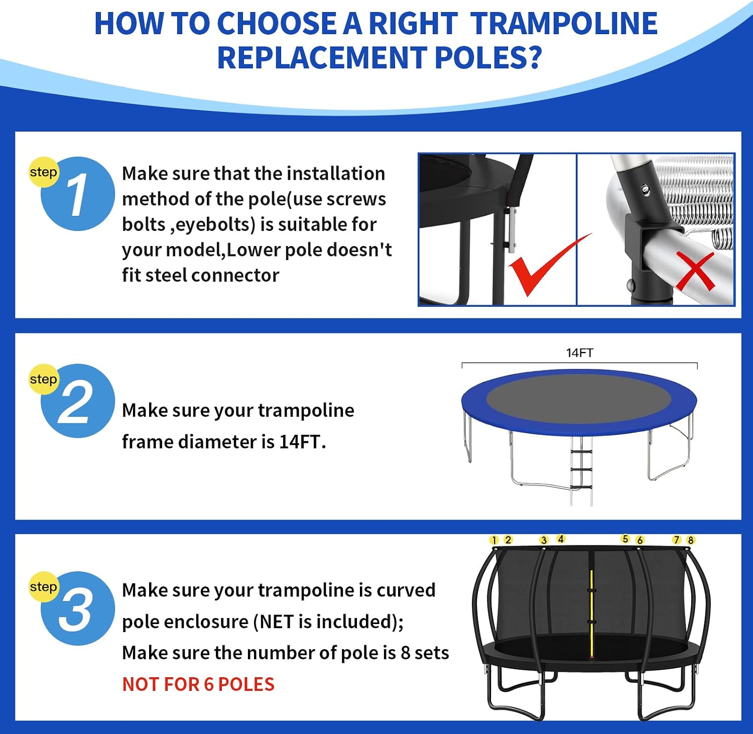 AUCT 18753 - $150 14 ft 8 Pcs Trampoline Curved Poles with Enclosure Net | Safety enclosure net and 8 c - Image 3