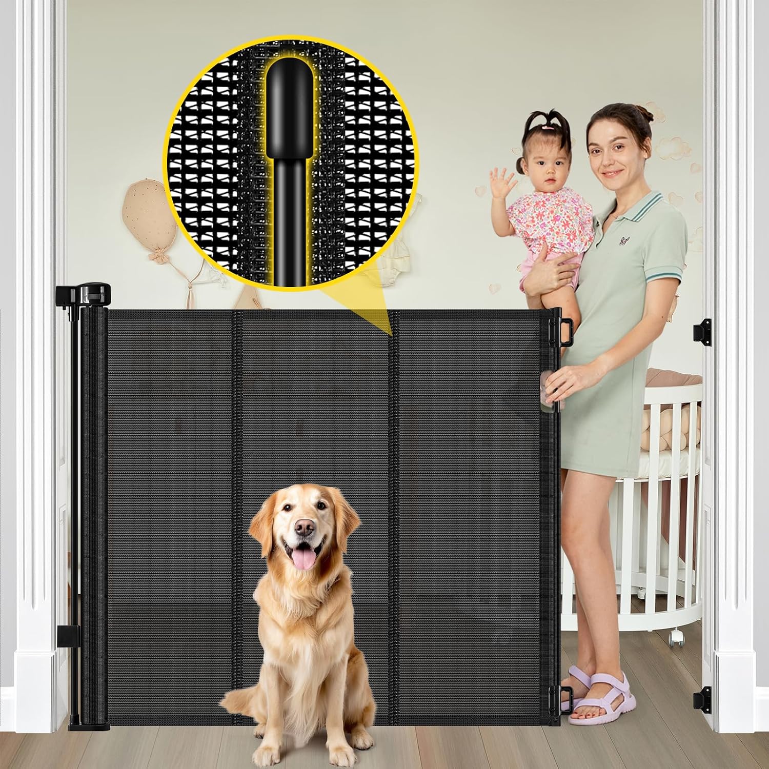 AUCT 18574 - Reinforced 42" Extra Tall Retractable Baby Gates with Rods, Extends up to 60" Wide, Tall R