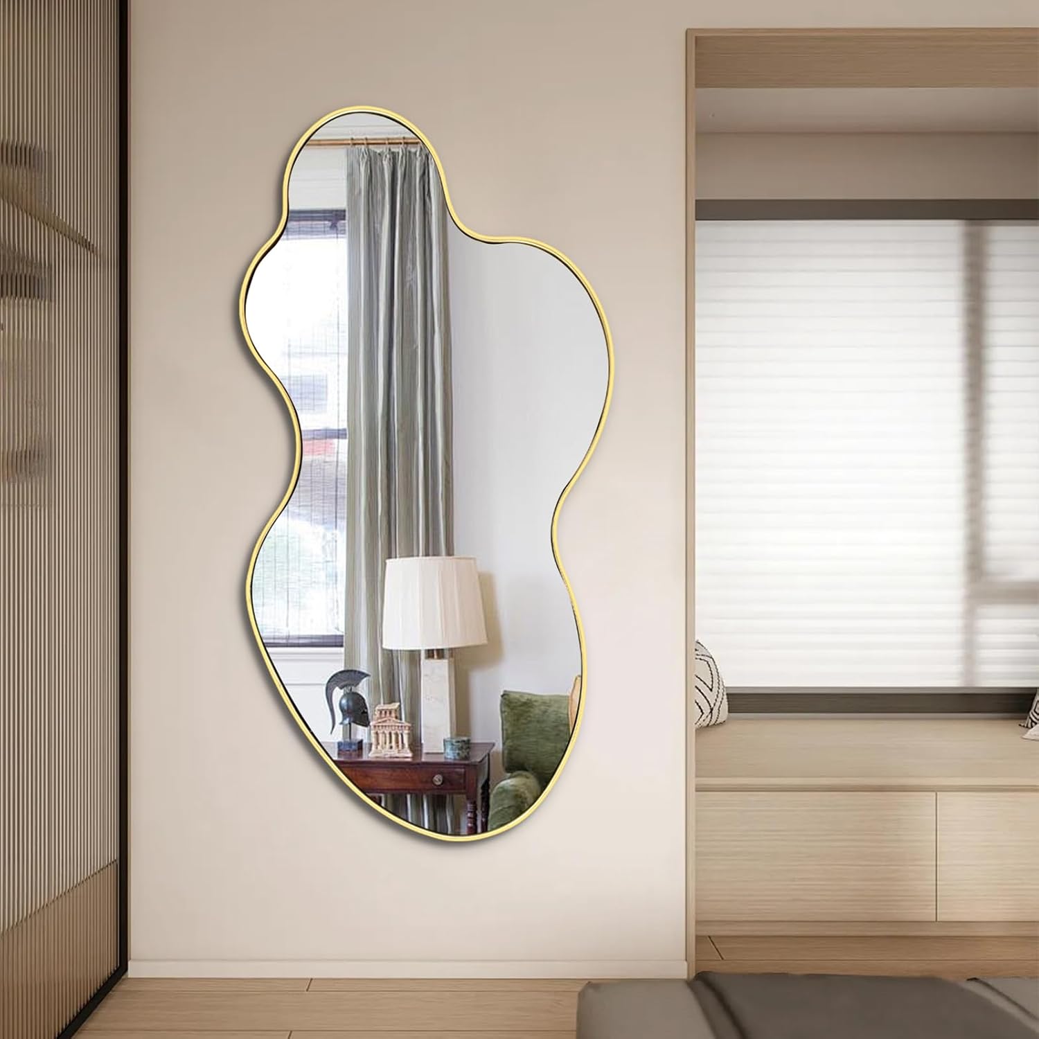 AUCT 19737mm - $153 Gold Irregular Mirror, 23.6"x46.5" Asymmetrical Wall Mirror with Metal Frame, Modern