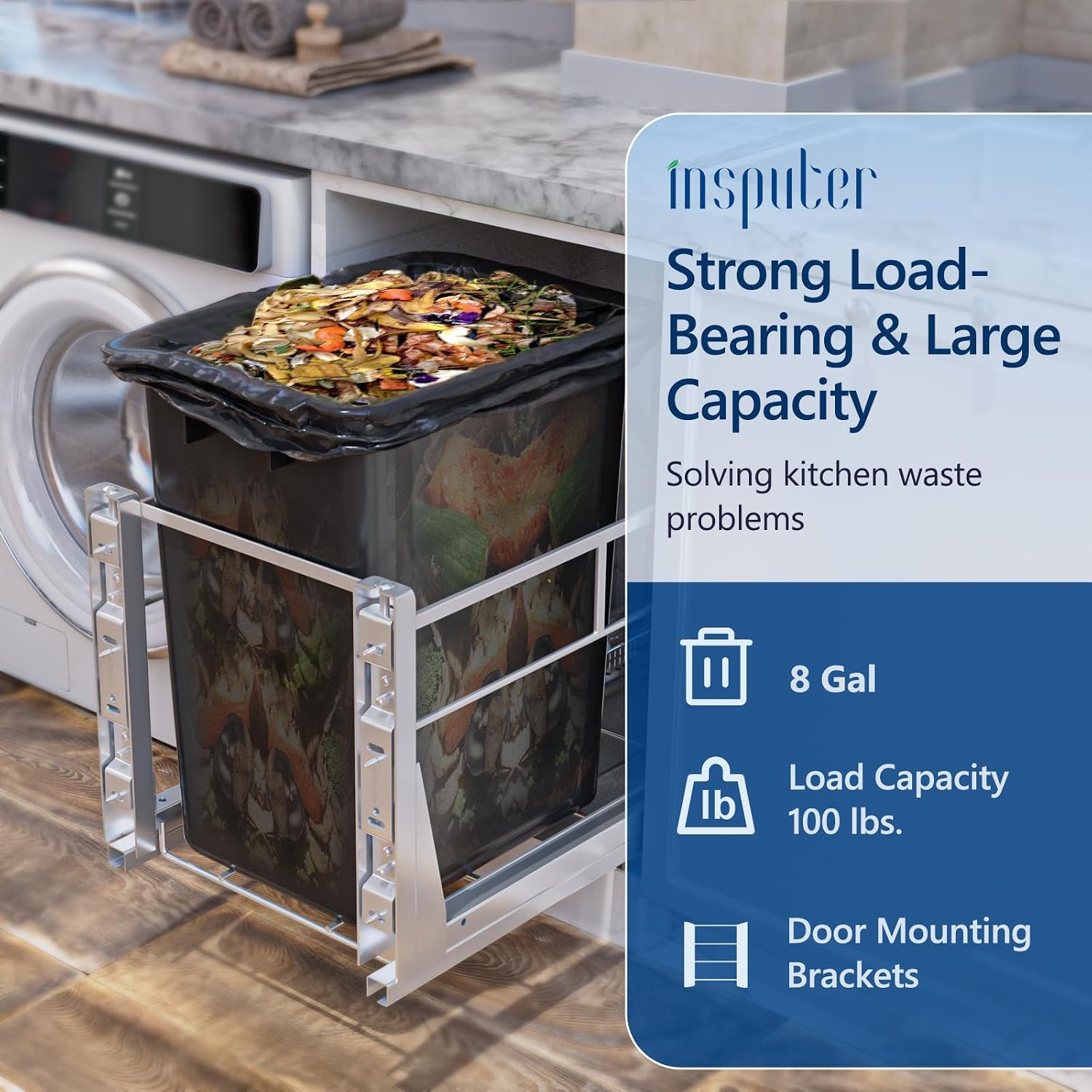 AUCT 18524 - $96 Insputer 8 Gal Pull Out Trash Can Under Cabinet with Soft-Close Slides | Space Saving, - Image 2