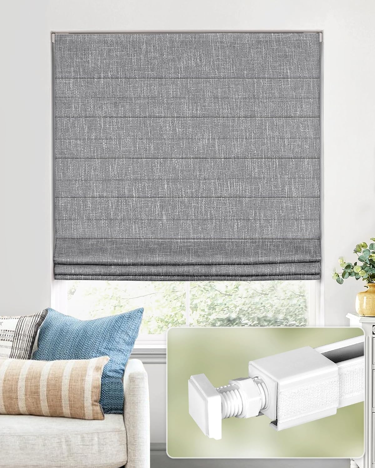 AUCT 18455 - No Drill Cordless Roman Shades, Room Darkening, 32 64 in Charcoal | Cordless fabric shades