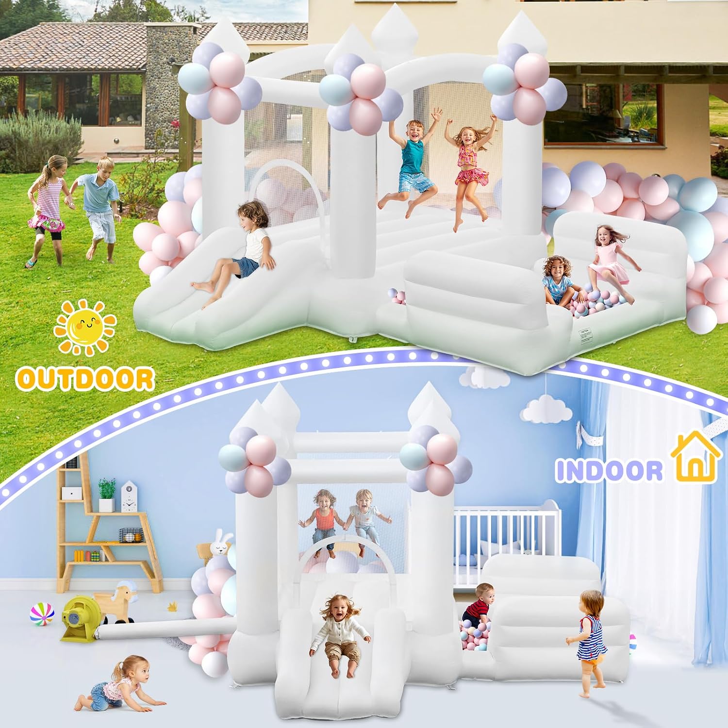 AUCT 18437 - $300 White Bounce House for Kids 3-8, Inflatable Bouncy House with Air Blower Slide Ball P - Image 3