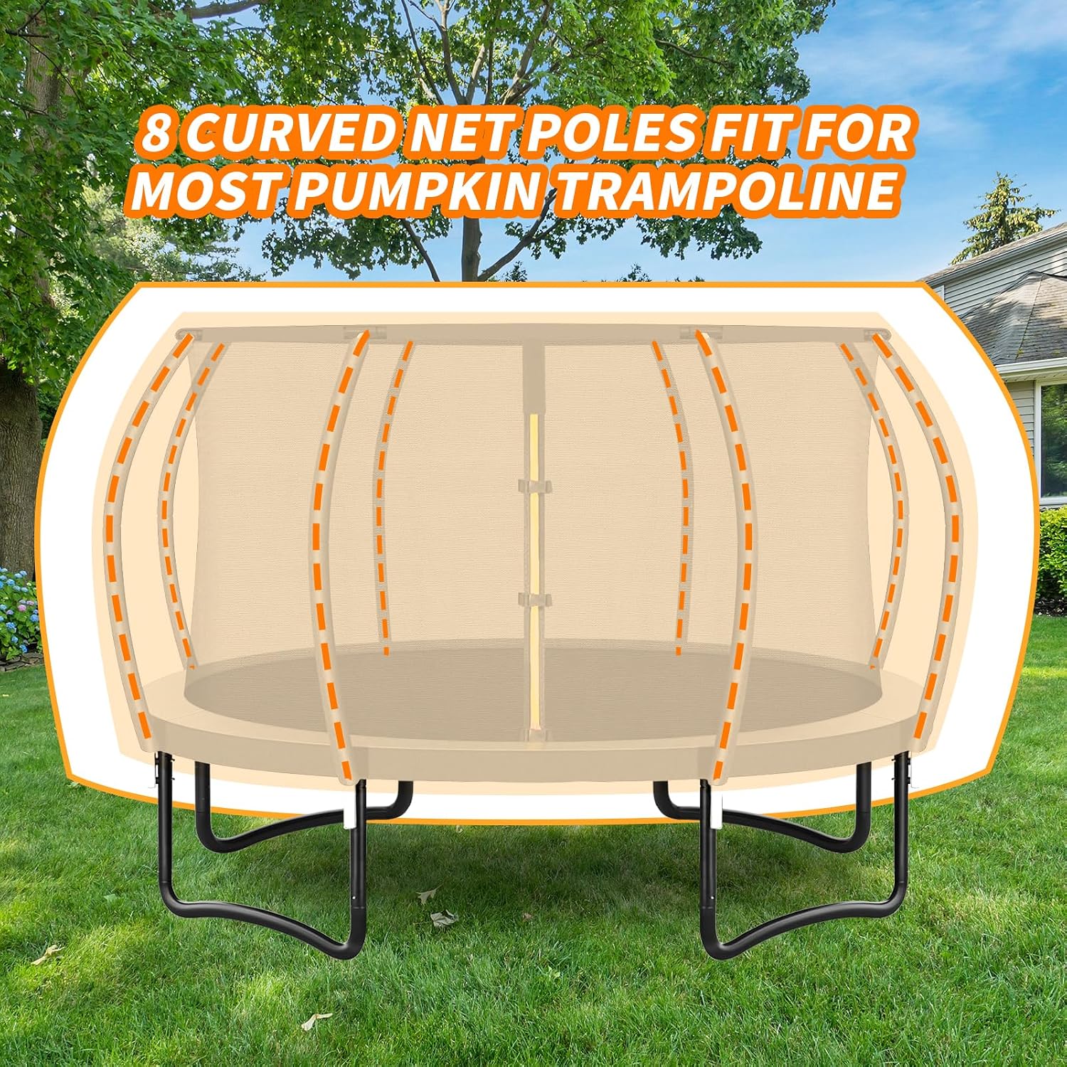 AUCT 18753 - $150 14 ft 8 Pcs Trampoline Curved Poles with Enclosure Net | Safety enclosure net and 8 c - Image 4