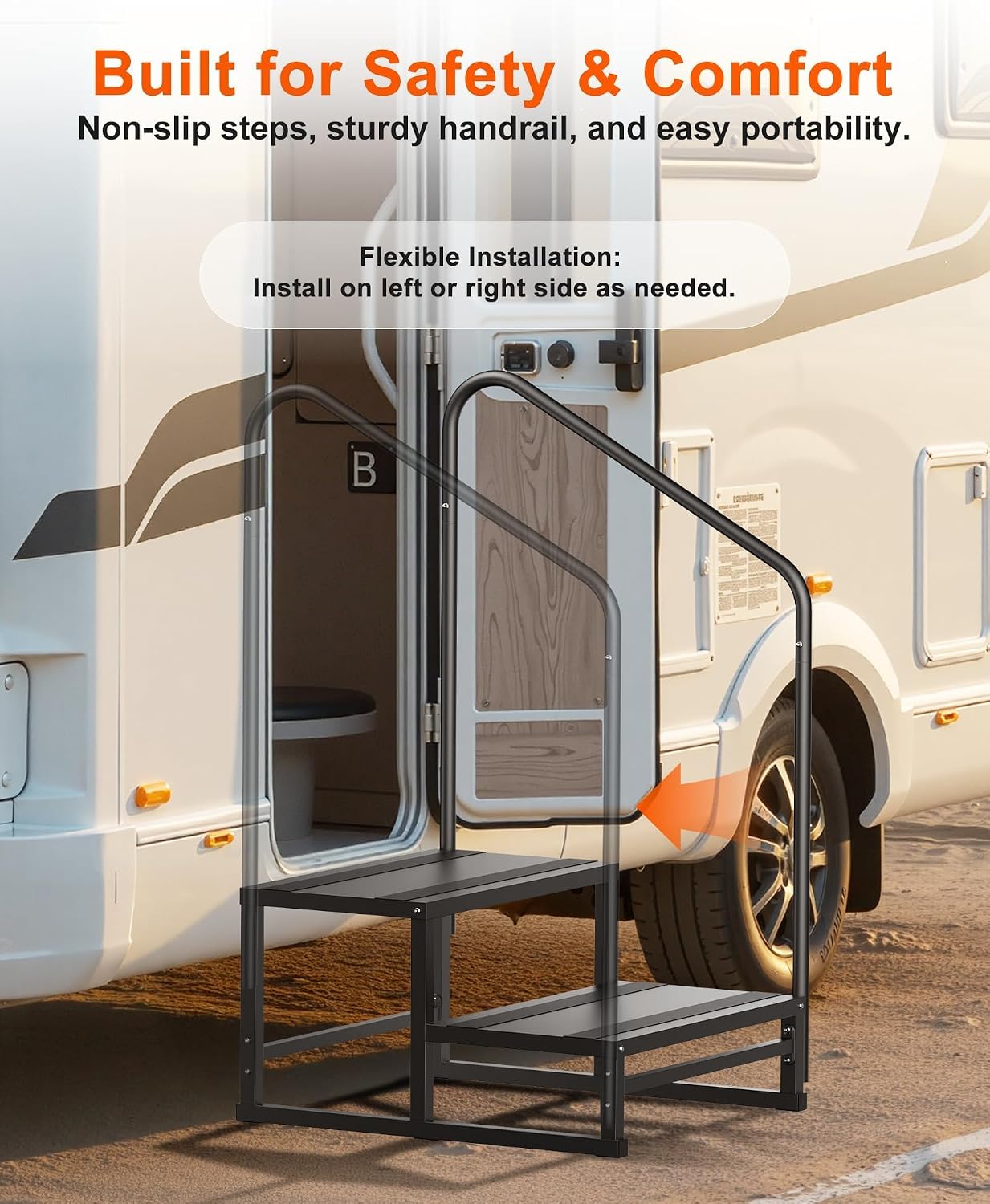 AUCT 17809 - $90 RV Steps with Handrail, 2 Steps RV Stairs with Wide Platform | Anti-Slip Tape, 1 Handr - Image 2