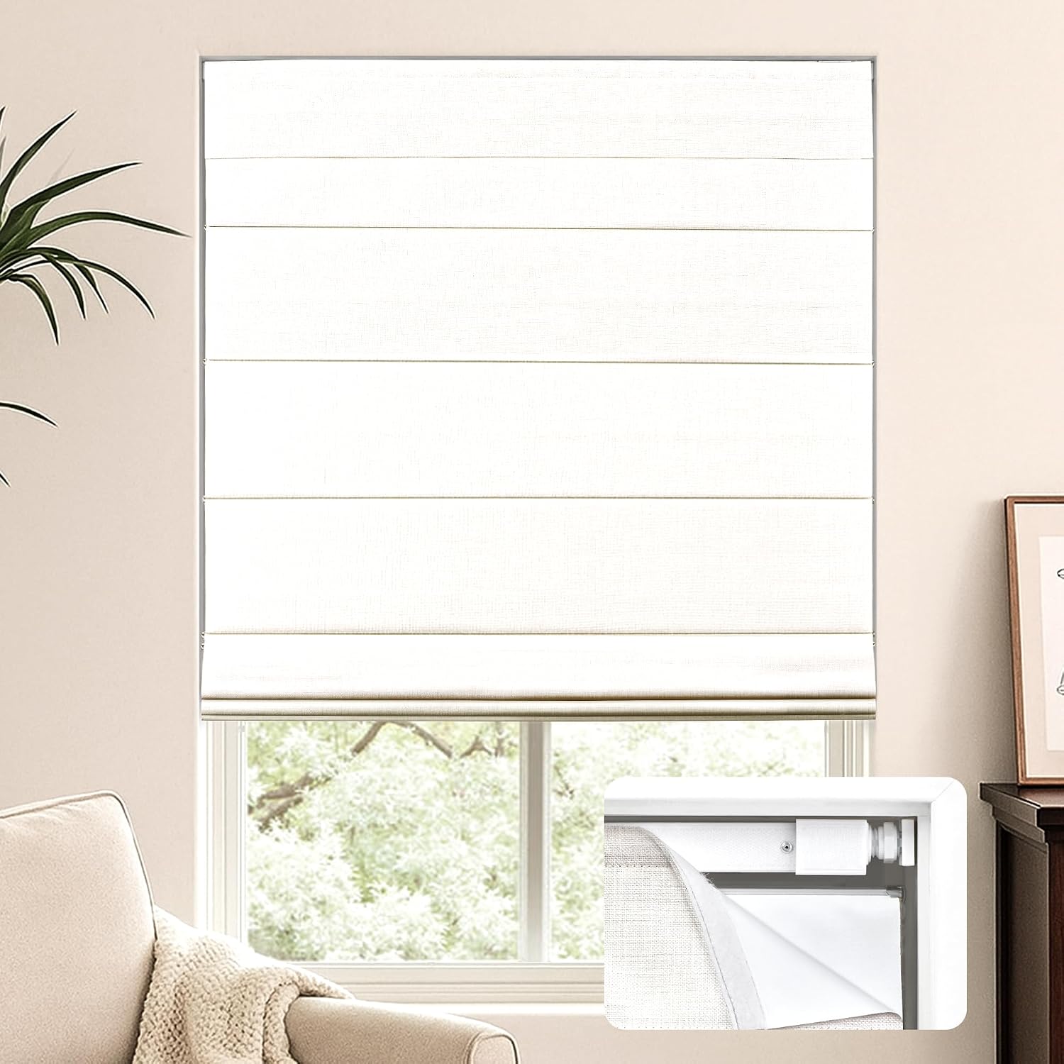 AUCT 21909 - LazBlinds No Drill Cordless Roman Shades for Windows, 23" W x 60" H, White