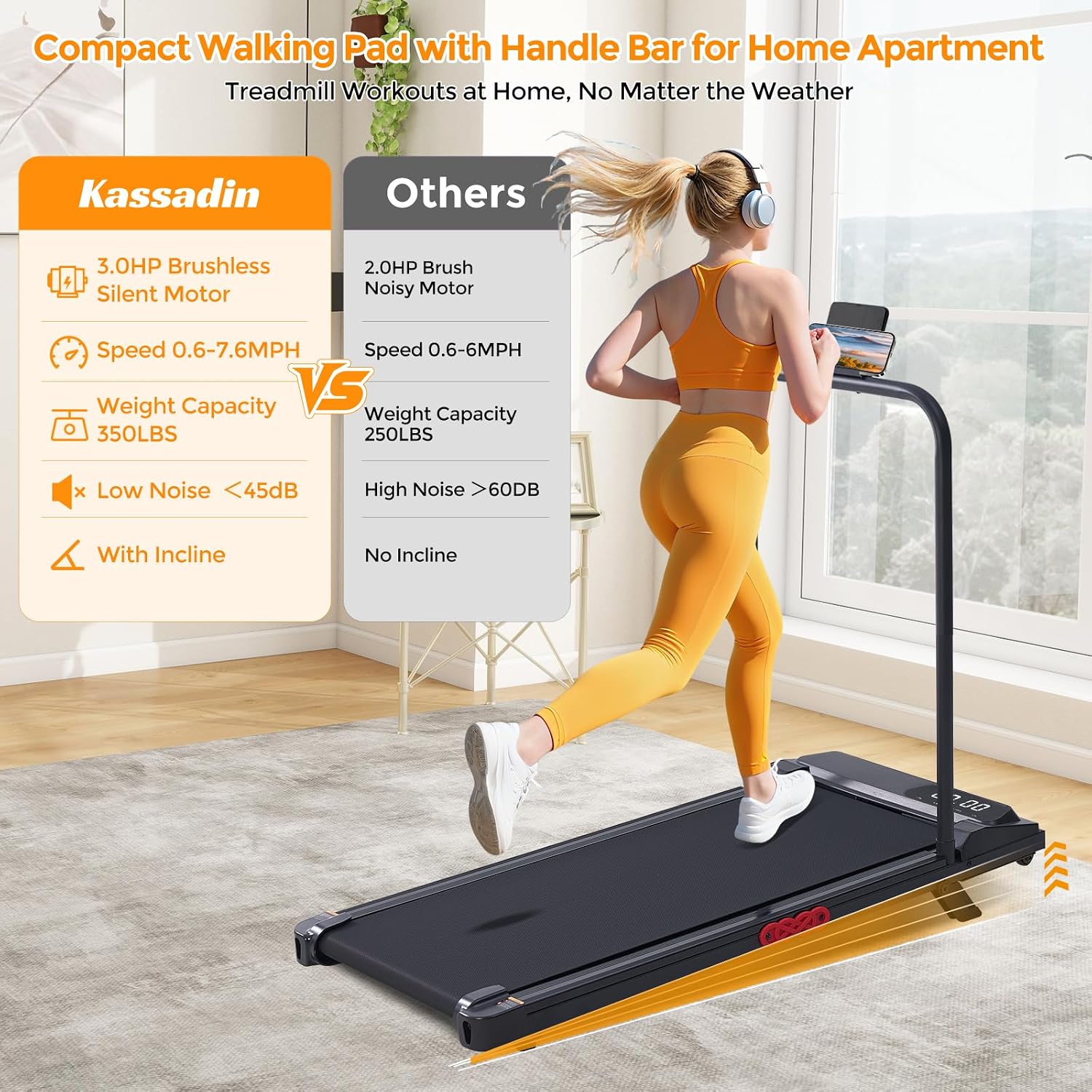 AUCT 22362 - $100 KASSADIN Electric Walking Pad Treadmill with Handle Bar Incline for Home - Image 3